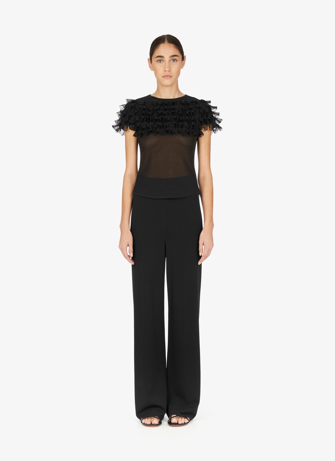 Frilled Silk T-Shirt ALAÏA BLACK FRILLED SILK T-SHIRT